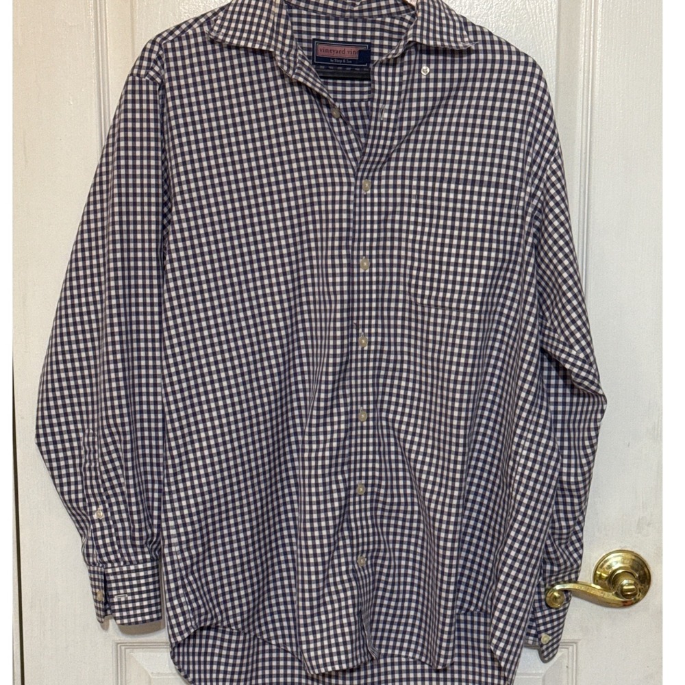 Vineyard Vines Mens Gingham Button Down Shirt Navy Blue White Long Sleeve Size M